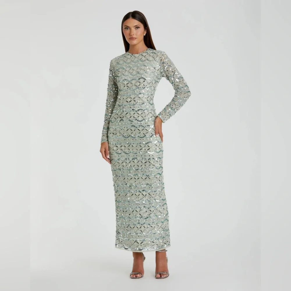 Mac Duggal 94194 Jade Green High Neck Long Sleeve Embellished Dress Sz 6 NEW